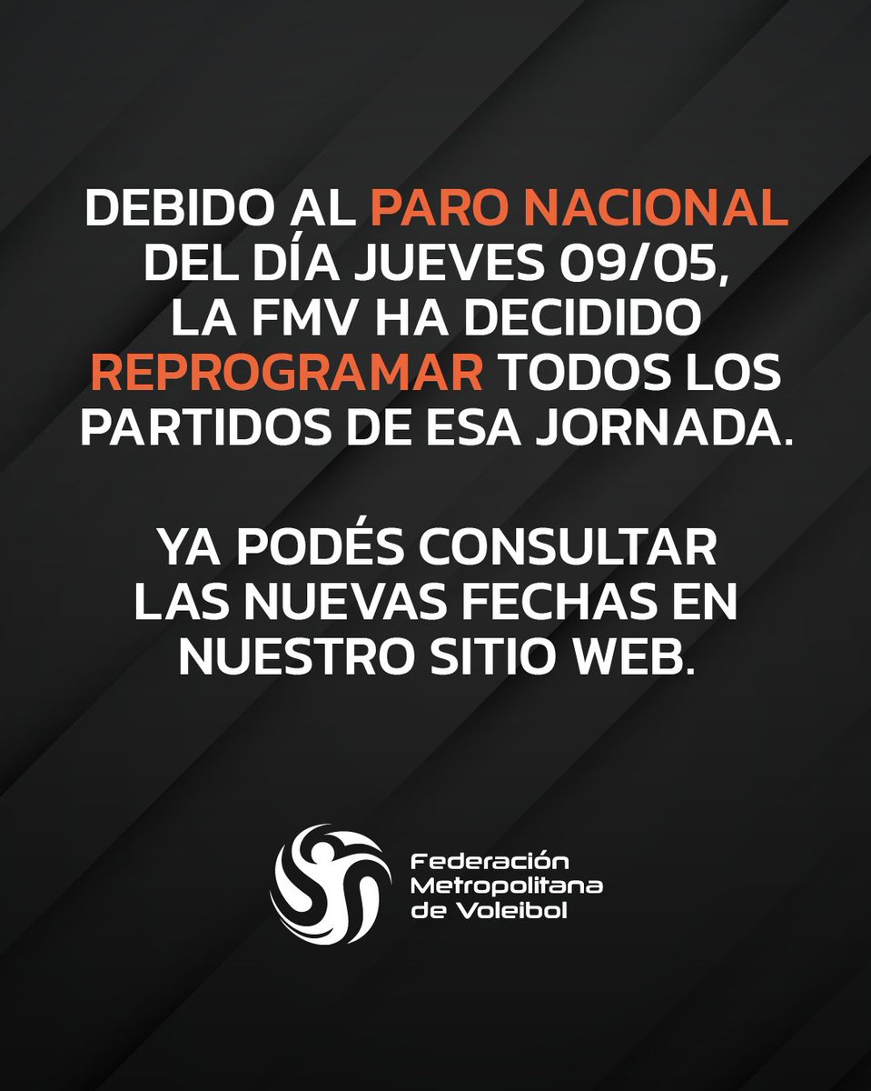 𝗜𝗡𝗙𝗢𝗥𝗠𝗔𝗖𝗜𝗢́𝗡 𝗜𝗠𝗣𝗢𝗥𝗧𝗔𝗡𝗧𝗘 ❗ Debido al 𝗽𝗮𝗿𝗼 𝗻𝗮𝗰𝗶𝗼𝗻𝗮𝗹 del día Jueves 09/05, la FMV ha decidido 𝗿𝗲𝗽𝗿𝗼𝗴𝗿𝗮𝗺𝗮𝗿 todos los partidos de esa jornada. Ya podés consultar las 𝗻𝘂𝗲𝘃𝗮𝘀 𝗳𝗲𝗰𝗵𝗮𝘀 en nuestro sitio web.