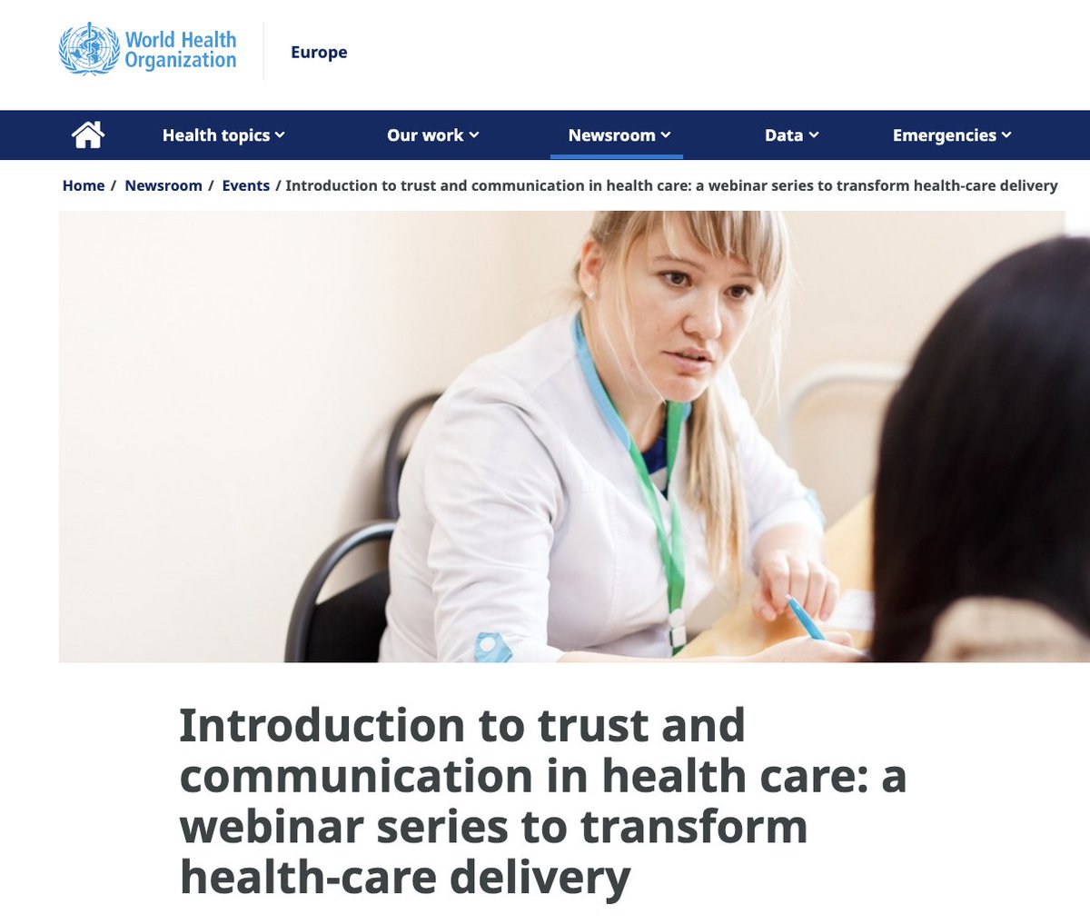 💻 Webinar: Introduction to #Trust and #Communication in health care: a webinar series to transform #Healthcare delivery 🗓️ 8 May 15:00 – 16:30 CEST with @natasha_azzmus and @JoaoBreda2 of @WHO_Europe who.int/europe/news-ro…