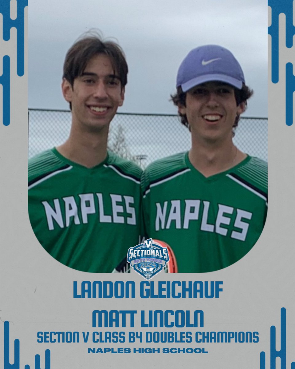 Section V Boys Tennis (@sectionvbtennis) on Twitter photo Congratulations to Landon Gleichauf & Matt Lincoln of <a href="/NaplesAthletics/">Naples Athletics</a> who are this year’s Section V Class B4 Doubles Champions!
<a href="/SecVAthletics/">Section V Athletics</a> Congratulations to Landon Gleichauf & Matt Lincoln of <a href="/NaplesAthletics/">Naples Athletics</a> who are this year’s Section V Class B4 Doubles Champions!
<a href="/SecVAthletics/">Section V Athletics</a>