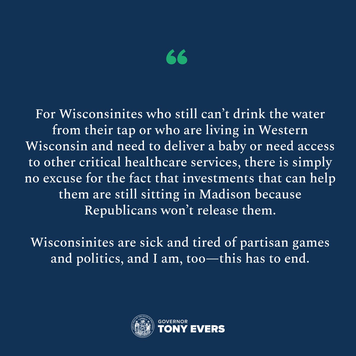 GovEvers's tweet photo. Republicans have refused to release:
- $125 million to combat PFAS statewide for 3️⃣0️⃣6️⃣ days
- $15 million to support Western Wisconsin after recent hospital closures for 6️⃣8️⃣ days

I'm AGAIN calling a special meeting to urge Republicans to do the right thing for Wisconsin. https://t.co/9rIziO6RSI
