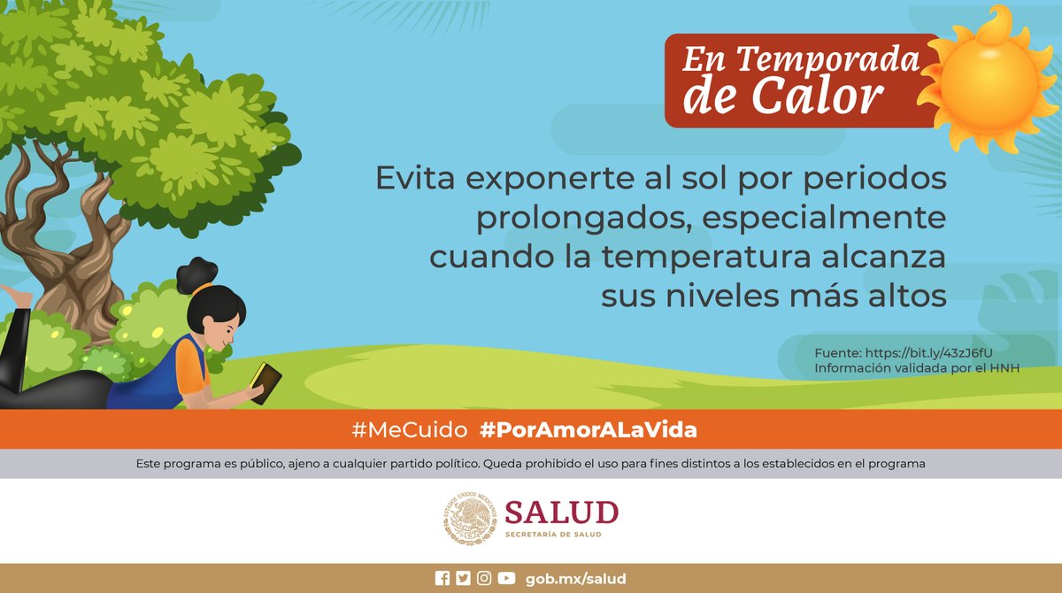 #EnTemporadaDeCalor 🔥☀ Busca permanecer en lugares frescos, a la sombra, y ventilados. 🌳🌬 Mantente hidratado con agua natural 💦 Conoce más en ➡ bit.ly/3VzYKHj #MeCuido #PorAmorALaVida