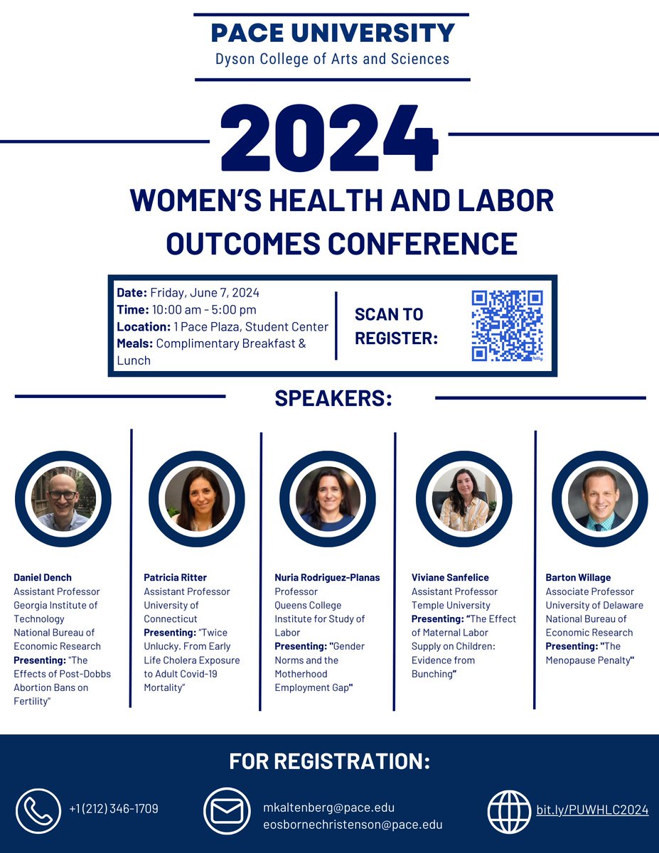 Econ Dept @PaceUniversity hosting a conference on Women's Health and Labor Outcomes June 7th. Register for free (Breakfast & Lunch included): bit.ly/PUWHLC2024 Website: paceeconconference.com @danieldench1 @PlanasRodriguez @bartonwillage @ritter_patricia @EconoTodd