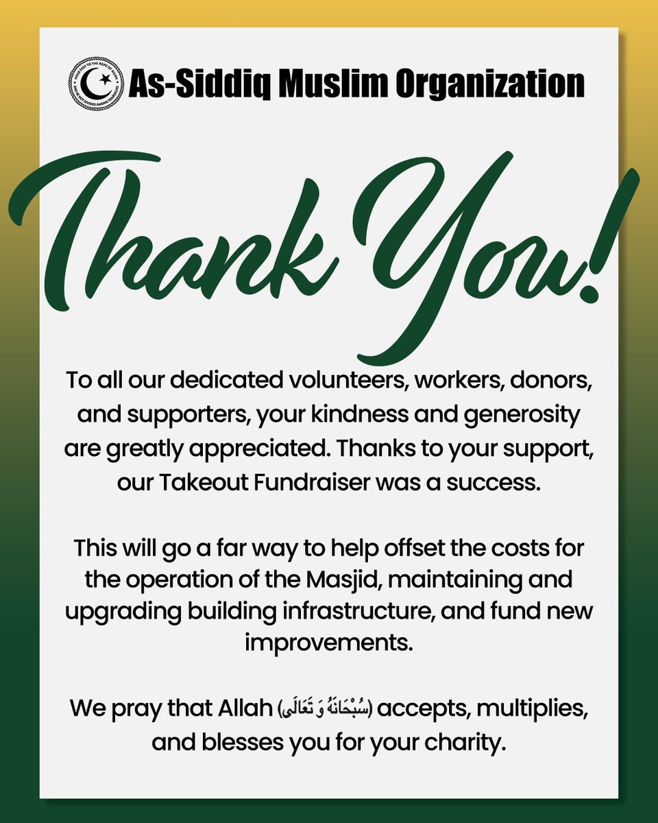 Assalamu ‘alaikum.  On behalf of everyone at Masjid As-Siddiq, thank you for all the support for our fundraiser yesterday.  Alhamdulilah we raised over $15,000 so far.  We appreciate your feedback by completing this brief survey. go.assiddiq.org/takeoutsurvey