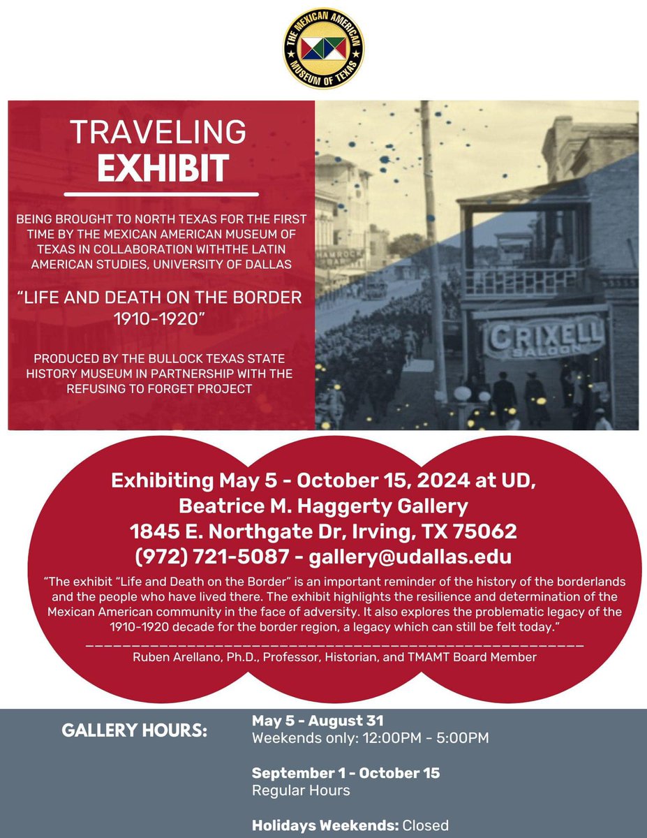Refusing to Forget (@refusing2forget) on Twitter photo Pleased to announce the exhibit, "Life and Death on the Border 1910-1920," is now on display at The Mexican American Museum of Texas, <a href="/UofDallas/">University of Dallas</a> .
We invite the Dallas-Fort Worth community to visit the exhibit from May 5 - Oct 15! <a href="/TMAMTDallas/">The Mexican American Museum of Texas</a> Pleased to announce the exhibit, "Life and Death on the Border 1910-1920," is now on display at The Mexican American Museum of Texas, <a href="/UofDallas/">University of Dallas</a> .
We invite the Dallas-Fort Worth community to visit the exhibit from May 5 - Oct 15! <a href="/TMAMTDallas/">The Mexican American Museum of Texas</a>