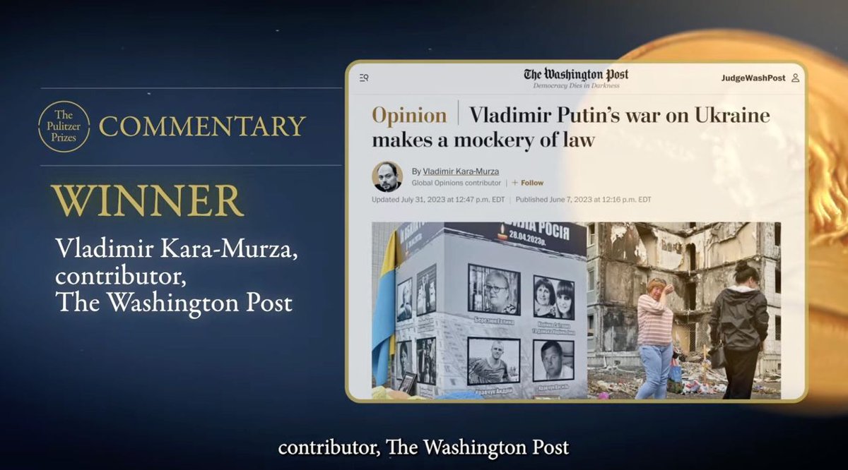 Politician Vladimir Kara-Murza has just been awarded the Pulitzer Prize in the “Commentary” category for his articles in the Washington Post written from the penal colony