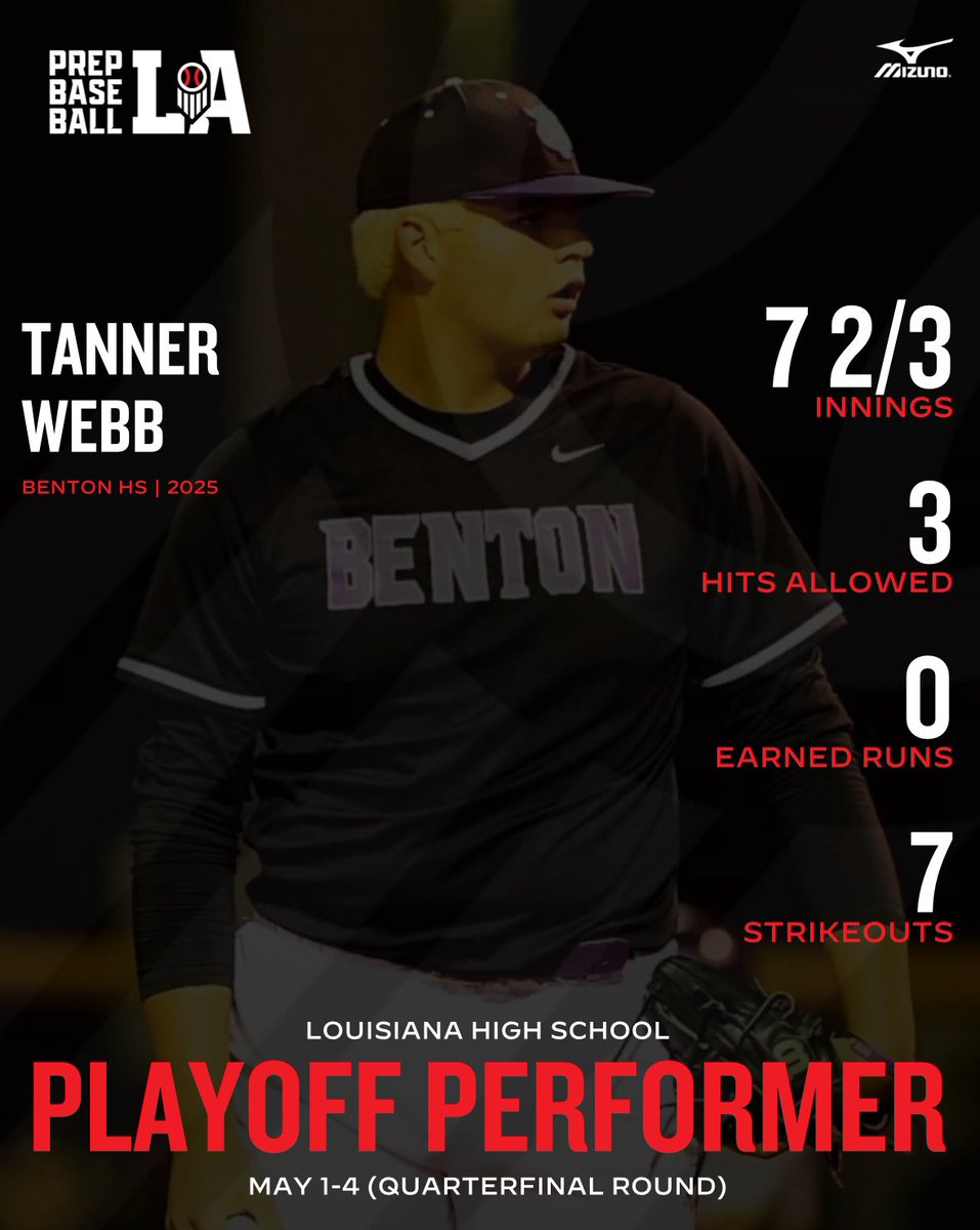 ⭐️ 𝐏𝐥𝐚𝐲𝐨𝐟𝐟 𝐏𝐞𝐫𝐟𝐨𝐫𝐦𝐞𝐫 2025 RHP Tanner Webb (Benton HS) The @PBR_Uncommitted junior earned a save & a win last week vs. St. Amant. More on his performance & others from the quarterfinals ⤵️. #BeSeen @prepbaseball | @AlexArmandPBR 🔗loom.ly/hIXnNPg