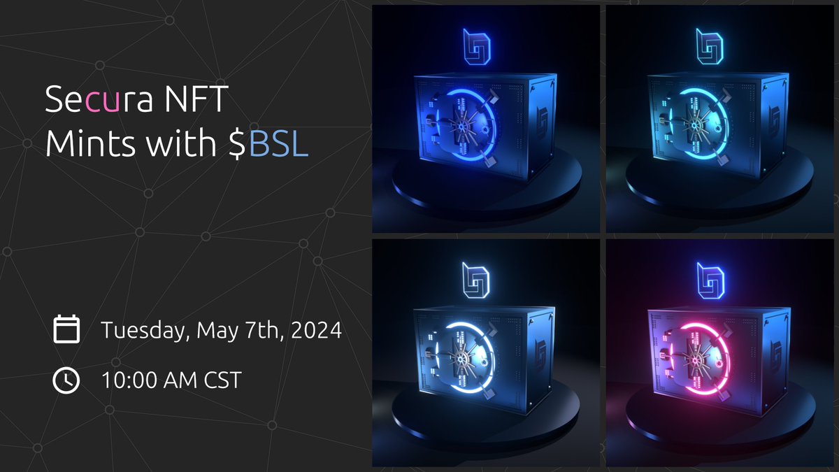 Tomorrow, May 7th, at 10AM CT / 3 GMT, a limited supply of 50 of each #Secura NFT will be available for mint with $BSL on Sentx.io ✅ This means up to 50 Founder’s Edition NFT’s can be purchased with $BSL