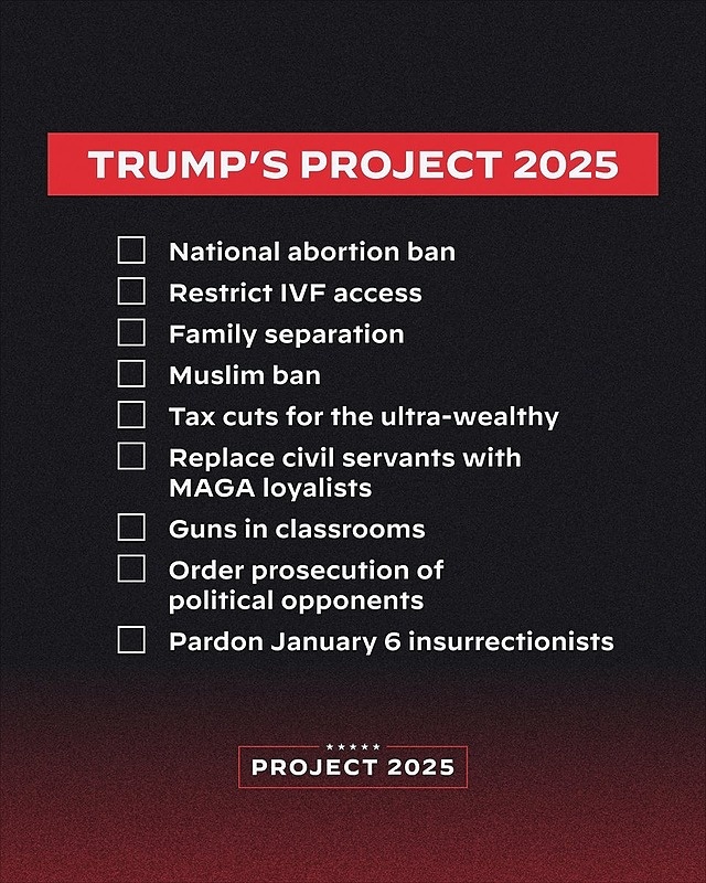 If #Trump wins next November, then the far-right nightmare of Project 2025 will become a reality for millions of Americans. We can’t let them check anything on this list off.

#TrumpAbortionBan #TrumpMuslimBan #MAGA #VoteBlue #VoteBiden #Biden #Biden2024