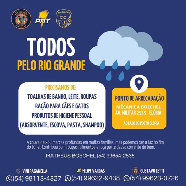Toda ajuda é bem vinda!! Essa batalha lutaremos juntos em prol do nosso Rio Grande do Sul! <a href="/EquipeRevolucao/">Equipe Revolução</a> <a href="/equipakydermes/">Pakydermes 🐘</a>