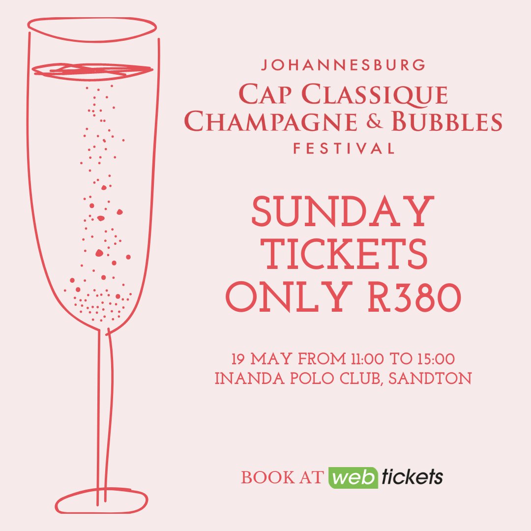 Sunday tickets for Jozi Cap Classique, Champagne &amp; Bubbles Festival only R380. Includes entry to venue, branded glass &amp; 10 tasting coupons. Loads of fab food, live music &amp; Best Dressed Comp with great prizes! Floral theme. 18 &amp; 19 May at Inanda Club from 11am. Book at <a href="/webtickets/">webtickets</a>