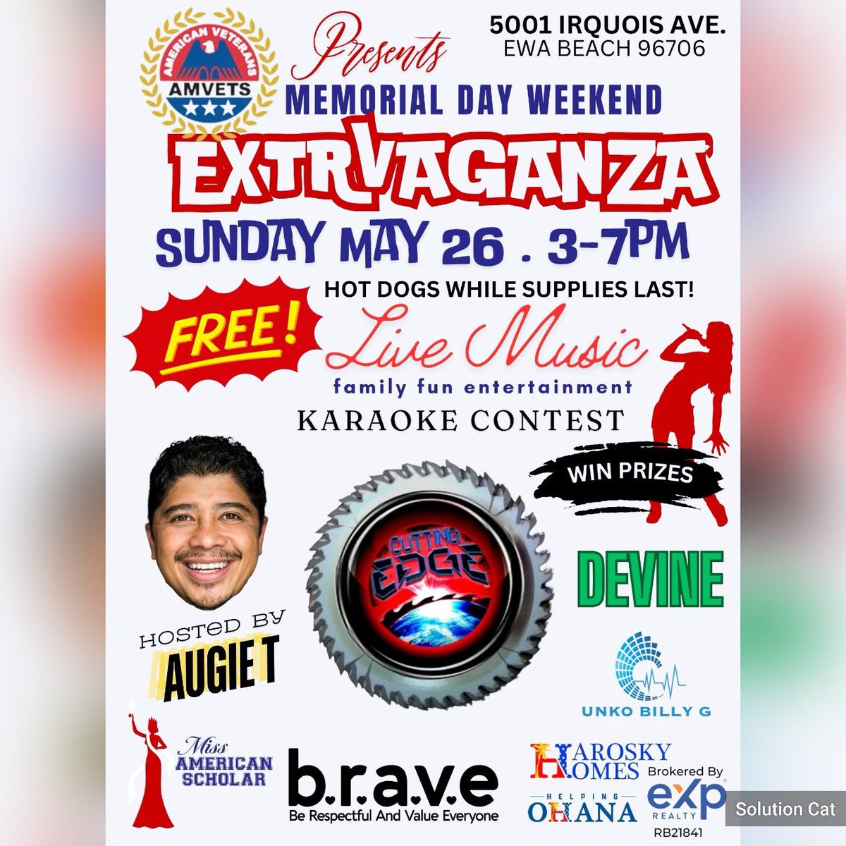 FREE EVENT at the @amvetshawaiicenter #MemorialDayWeekend Sunday 26th
#FreeHotDogs While supplies last, fun for the whole family, #karaokecontest LIVE music @cuttingedgebandhawaii #Divine , @official_b.r.a.v.e MAHALO to @dalazarus our amazing sponsor @haroskyhomes