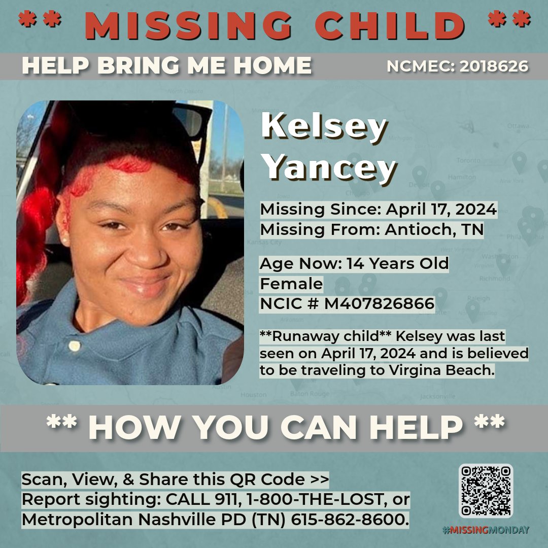 Please help us find Kelsey Yancey, 14, this #MissingMonday, who was last seen April 17, 2024 in Antioch, TN. Please call @MetroNashville at 615-862-8600 or @NCMEC at 1-800-THE-LOST if you have any information. missingkids.org/poster/NCMC/20…