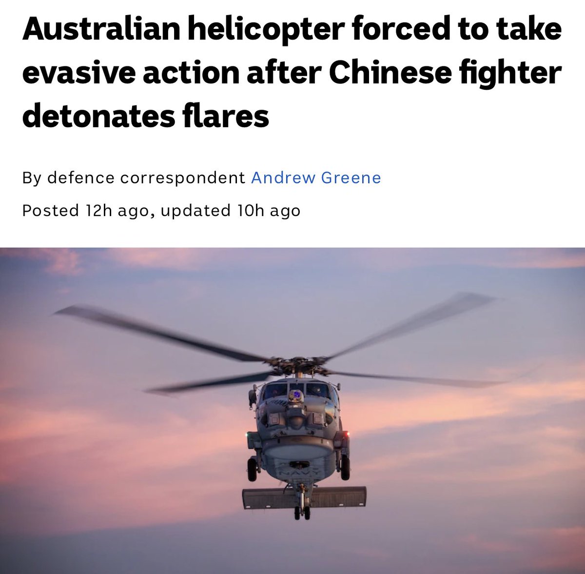 We must condemned the provocative and dangerous interaction from a Chinese jet fighter on a Australian helicopter. I hope the Prime Minister & Defence Minister handle this better then when our navy divers got injured by a Chinese warship.