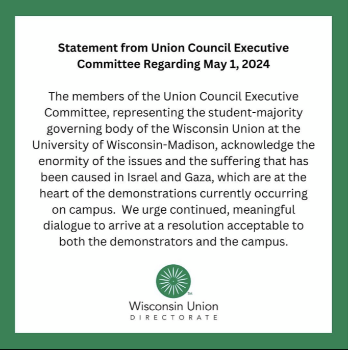 Statement from @WisconsinUnion Council Executive Committee today: 'Memorial Union was used as the location to process demonstrators who were arrested... this purpose was antithetical to the Union's mission.'