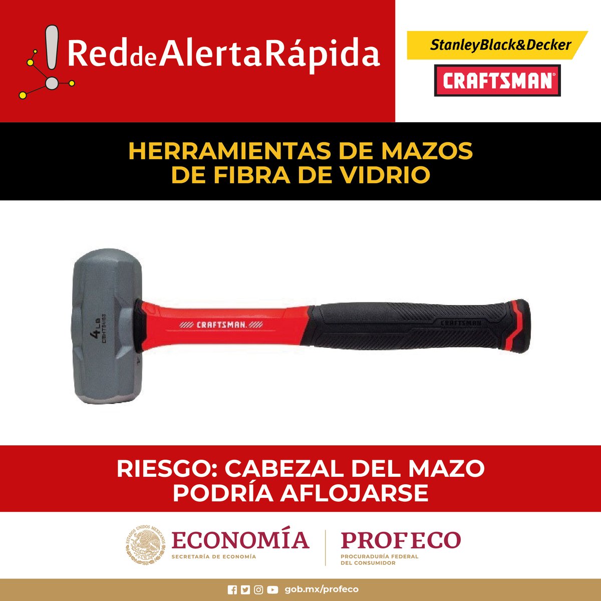 📢 #AlertaRápida | 🟡 Black and Decker hace un #LlamadoARevisión para los Mazos de fibra de vidrio, marca Craftsman. ⚒️ 🗓️ La campaña tiene una vigencia al 09 de junio de 2024. 🔎Consulta todos los detalles: gob.mx/cms/uploads/at…