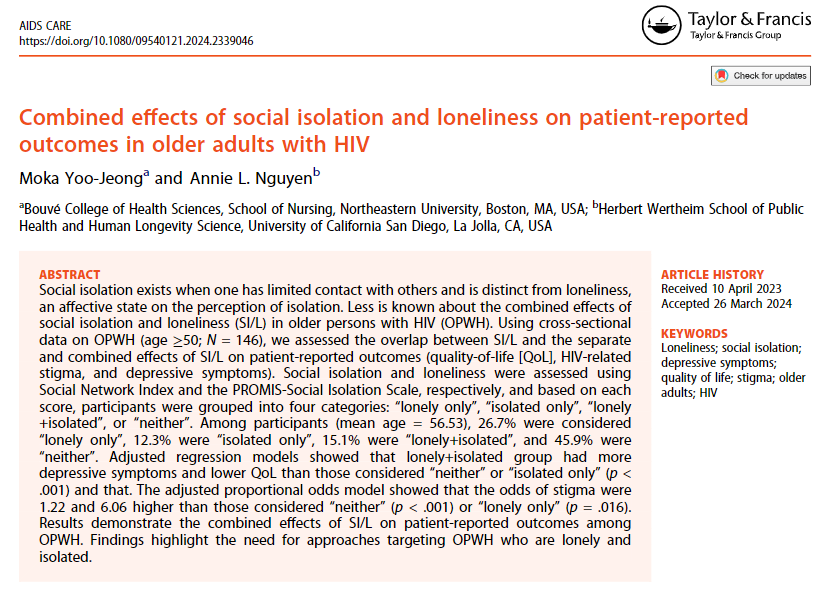 New paper studying social isolation & loneliness with PROs in older adults with #HIV.  Both isolated and lonely = more depression, more internalized HIV-related  stigma, and worse HRQoL as compared to only isolated or neither. cc @Jacawalk @kerlands 
tandfonline.com/doi/full/10.10…