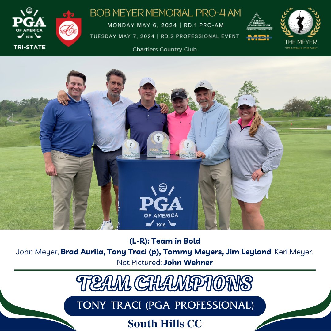 Congratulations to our Pro-Am Champions! 🏆 Tony Traci (p), Brad Aurila, Tommy Meyers, John Wehner, Jim Leyland Round 1 of 2 Professional Event Leaders: 68 (-2) (T1) John Aber, Allegheny CC (T1) Devin Gee, Oakmont CC Tournament Hub: bit.ly/TMeyer24