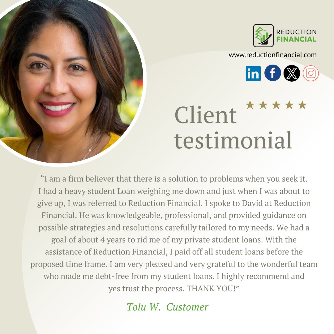 Yes, we can help with #studentloans as well 😎 #clienttestimonial #trusttheprocess 
.
#reductionfinancial #debtfree #DebtRelief #DebtReduction #debtresolution #debtconsolidation 
.
Start your journey at our website ➡️ reductionfinancial.com 🚀