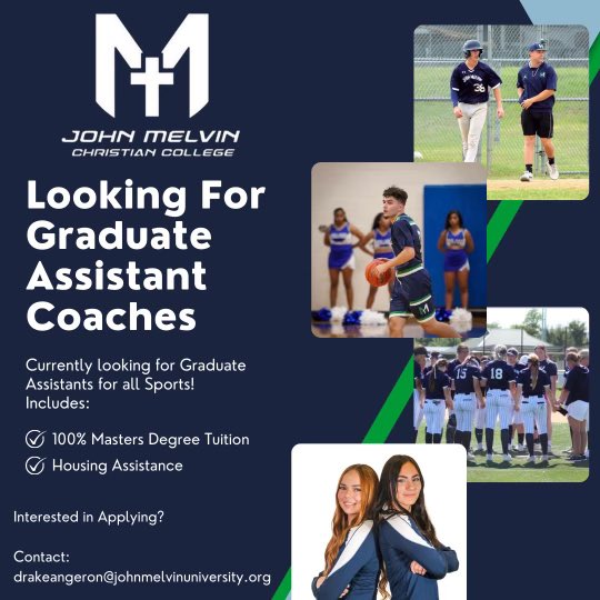 Get your Master’s degree while coaching college sports in Beautiful Pensacola, FL. John Melvin Christian College is looking for Graduate Assistant coaches for Baseball, Basketball, Volleyball, and Softball. #graduateassistantship #collegecoaching #internshipopportunity