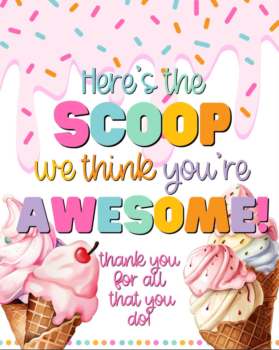 Lake Rim Elementary (@lakerimes) on Twitter photo Dear Teachers & staff,
The real scoop is that we think you’re awesome 🍦🍧💙💚🩷🧡
Day two of teacher/staff appreciation will be lots of fun tomorrow. There will be an ice cream station set up during the various lunch periods. <a href="/CumberlandCoSch/">Cumberland County Schools</a> @CCSSuptConnelly Dear Teachers & staff,
The real scoop is that we think you’re awesome 🍦🍧💙💚🩷🧡
Day two of teacher/staff appreciation will be lots of fun tomorrow. There will be an ice cream station set up during the various lunch periods. <a href="/CumberlandCoSch/">Cumberland County Schools</a> @CCSSuptConnelly