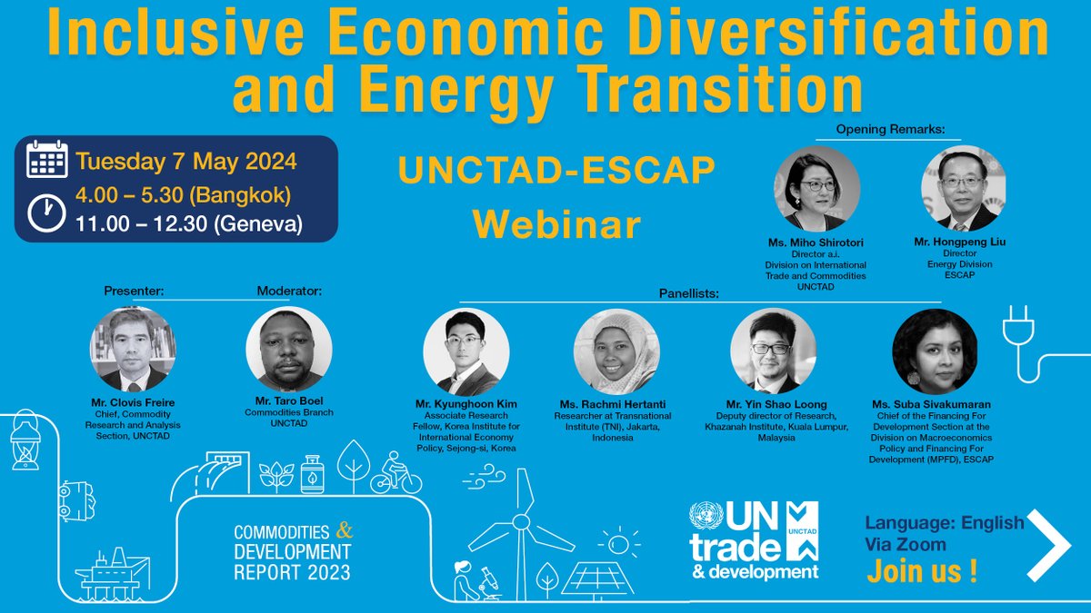 Today! Seminar on 'Inclusive economic diversification and energy transition' organized by @UNCTAD @ @UNESCAP Join💻: unctad.org/meeting/webina…
