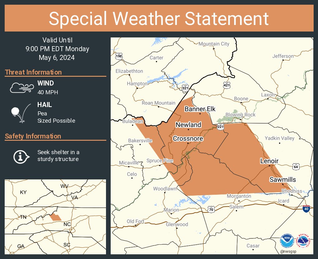 A special weather statement has been issued for Lenoir NC, Sawmills NC and  Gamewell NC until 9:00 PM EDT