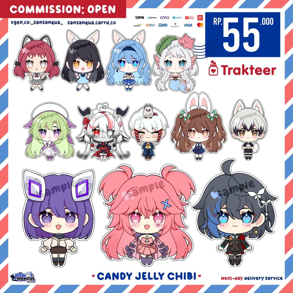 𓆩 ♻️&💙are appreciated! 𓆪
✦ LOCAL(🇮🇩) COMMISSION OPEN.
✦ Candy jelly chibi, 55K via trakteer.
✦ Payment upfront, simple BG, personal use.
✦ Available slots : 4
※ Info ✈︎ sansanqua.carrd.co #from_한
#Artidn #zonakaryaid #VtuberID #zonauang #zonajajan 
Thank you!