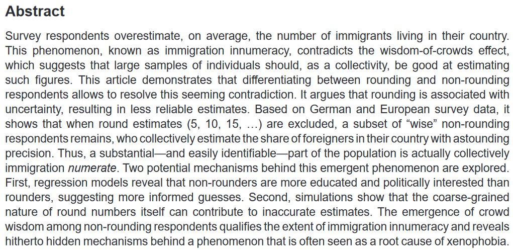 You know all those surveys showing how people overestimate the percentage of immigrants in their country? This working paper shows that if you drop people who are clearly rounding (5, 10, 15, ...) you end up with highly precise estimates! cadmus.eui.eu/bitstream/hand…