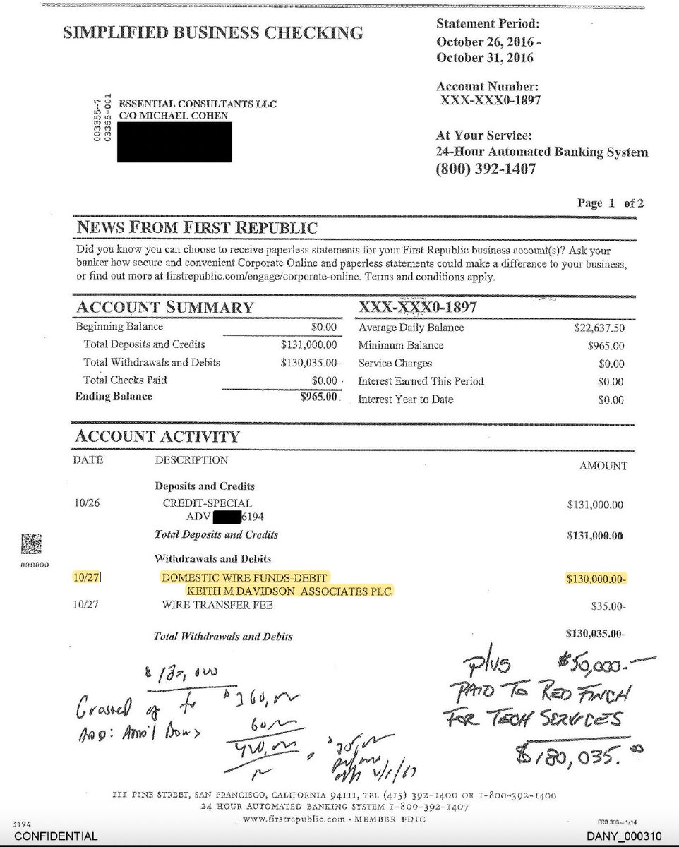2/ Get this 🤯: Trump CFO's contemporaneous handwritten notes recording the underlying scheme - the true reason for payments to Michael Cohen - are written on a copy of the bank account showing the $130,000 hush money wired on Oct. 27 to Stormy Daniels' lawyer!