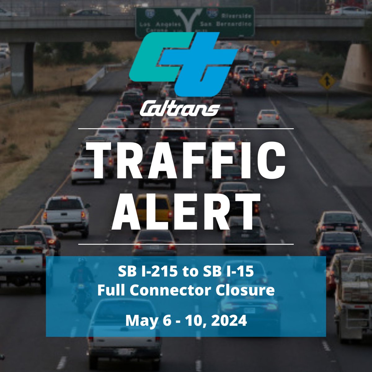 Traffic Alert! ⚠️ SB I-215 to SB I-15 FULL Connecter Closure. 🚧 @Caltrans8 will be performing bridge preventative maintenance work on the I-215, resulting in the following nighttime closures: 📅 May 6 - 10 🕗 8 PM - 6 AM ⛔ I-215 SB to I-15 SB FULL closure of SB connector