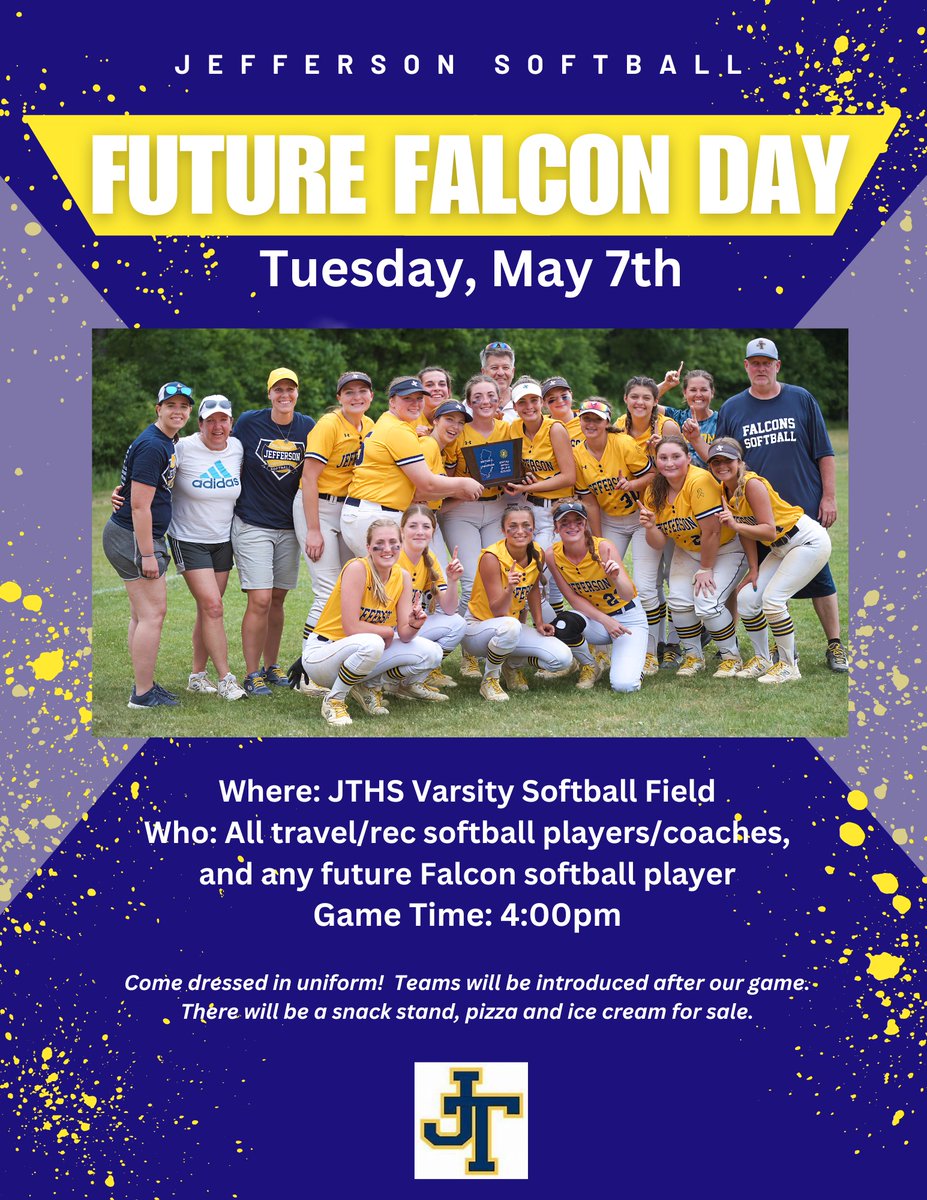 TOMORROW!!!  Tuesday May 7th.  FUTURE FALCONS DAY!  1st pitch scheduled for 4:00PM.  Food Truck.  Ice Cream Truck.  Snack stand.  All Future Falcon Softball Players and their families are welcome!  @jthsathletics @jths_falcons ##softball #sisterhood #thenextwave #FalconPride