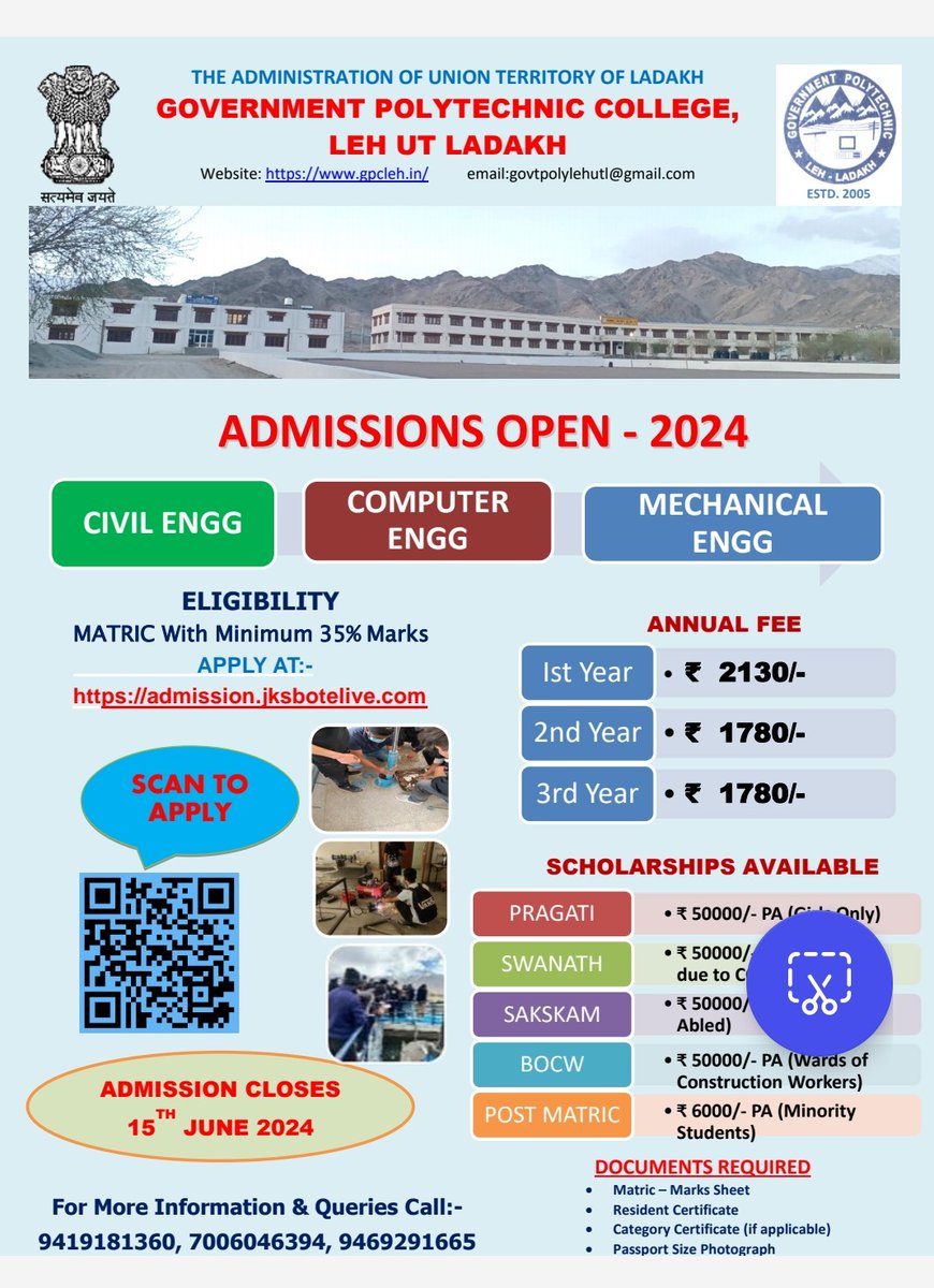 Mechanical Engineering branch introduced in Polytechnic #Leh this year after assessing demand of market/industry. This opens new opportunities for students of #Ladakh. Students from Leh & #Kargil can apply. @DIPR_Kargil @DIPR_Leh @dc_Kgl @DC_Leh_Official @LAHDC_LEH @LAHDC_Kgl