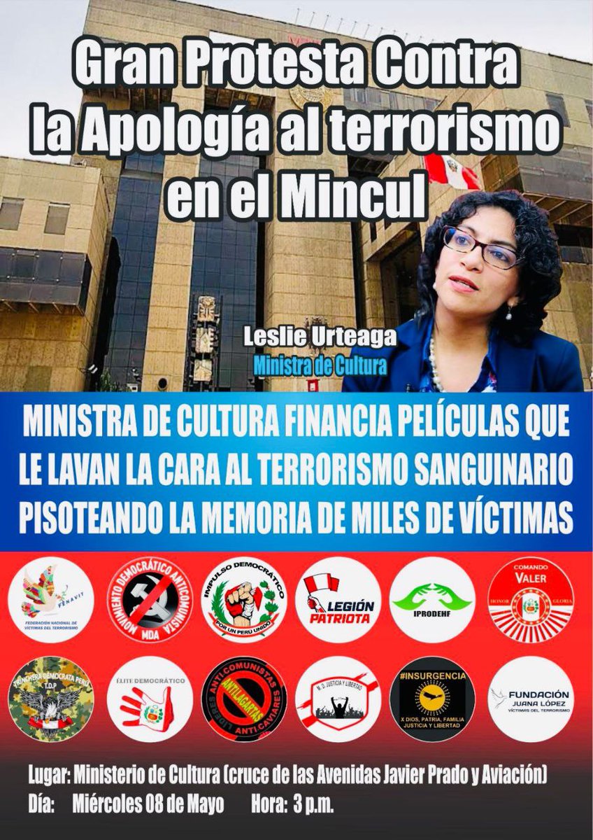 El Ministerio de Cultura fomenta películas que relativizan el Terrorismo comunista que padeció el Perú. Por eso HAY PROTESTA: Los esperamos este miércoles 8 a las 3 pm frente al Mincul. Convocan: