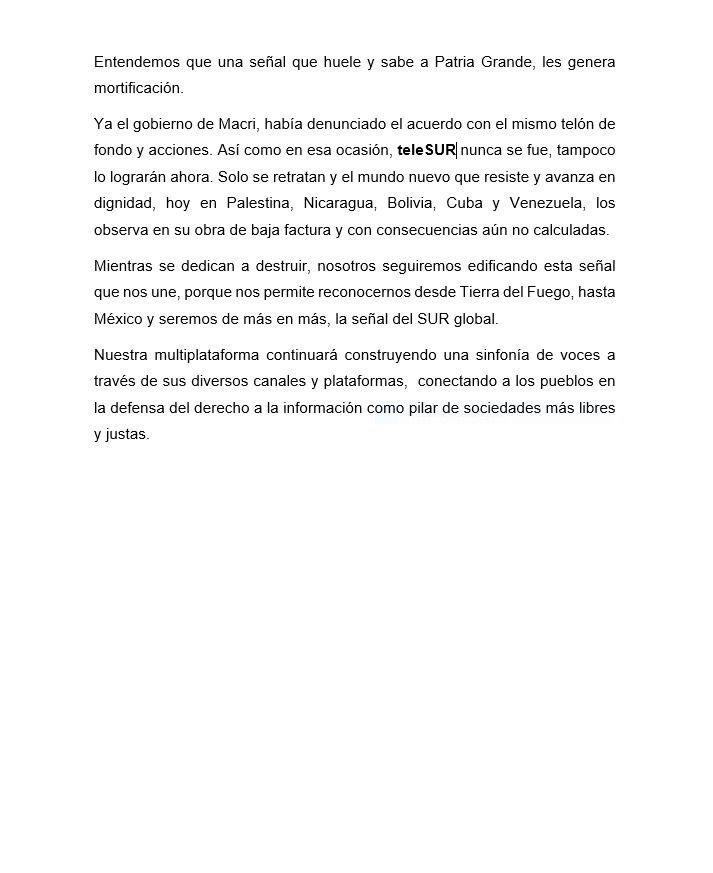 taniapsuv's tweet photo. “Estamos junto al pueblo argentino. #TeleSURNoSeVa”

Esta es la respuesta de la televisora multiestatal de los pueblos del Sur a la “motosierra” de #Milei, que ordenó el retiro de la señal de @teleSURtv de la TDA.

@PartidoPSUV @pvillegas_tlSUR https://t.co/1SvCqRZqLv