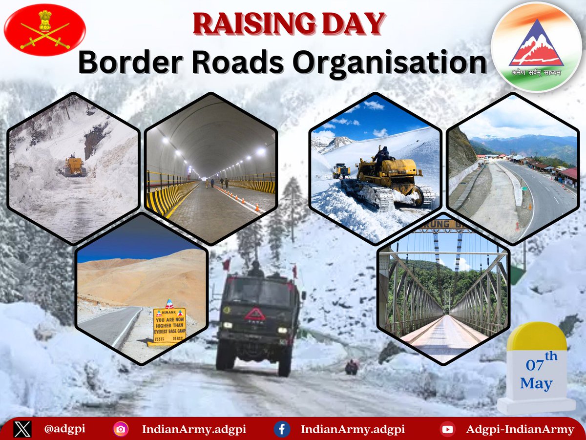 ‘श्रमेण सर्वम साध्यम’ General Manoj Pande #COAS and All Ranks of #IndianArmy convey best wishes to all Personnel of Border Roads Organisation #BRO on the occasion of 65th #RaisingDay. #IndianArmy