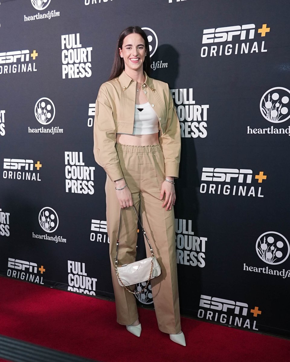 Caitlin Clark wearing a full Prada fit for the 'Full Court Press' premiere red carpet ✨