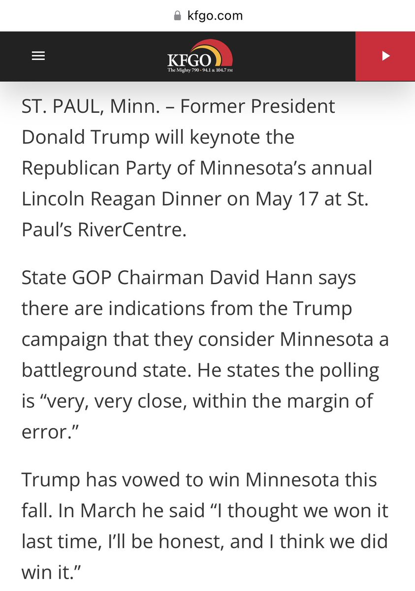 The MN GOP just announced today that Donald Trump’s campaign believes that MN is in play and he will now be the keynote speaker at their Lincoln Day dinner on May 17. But that also happens to be the same night as Barron’s graduation.