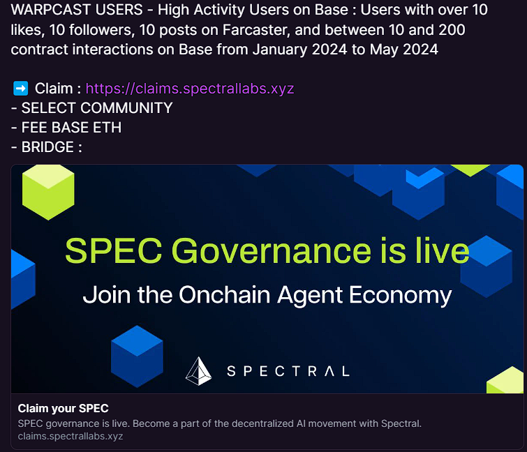 ThaSPY007's tweet photo. GM fam! Exciting news! 🚀 

Base chain airdrop alert for active Based fam in farcaster &amp; on-chain activities! 💰  

Token name $SPEC Spectral Token

Claim/check Link below 👇 https://t.co/npHQIvTvaL