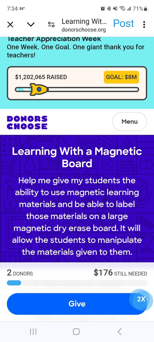 We are in need of a magnetic dry erase board. Any help is appreciated. Donations are being matched. $5 becomes $10, $10 becomes $20 @DonorsChoose @TexasStrongDC #twitterteacher #1stgradeteacher
donorschoose.org/project/learni…