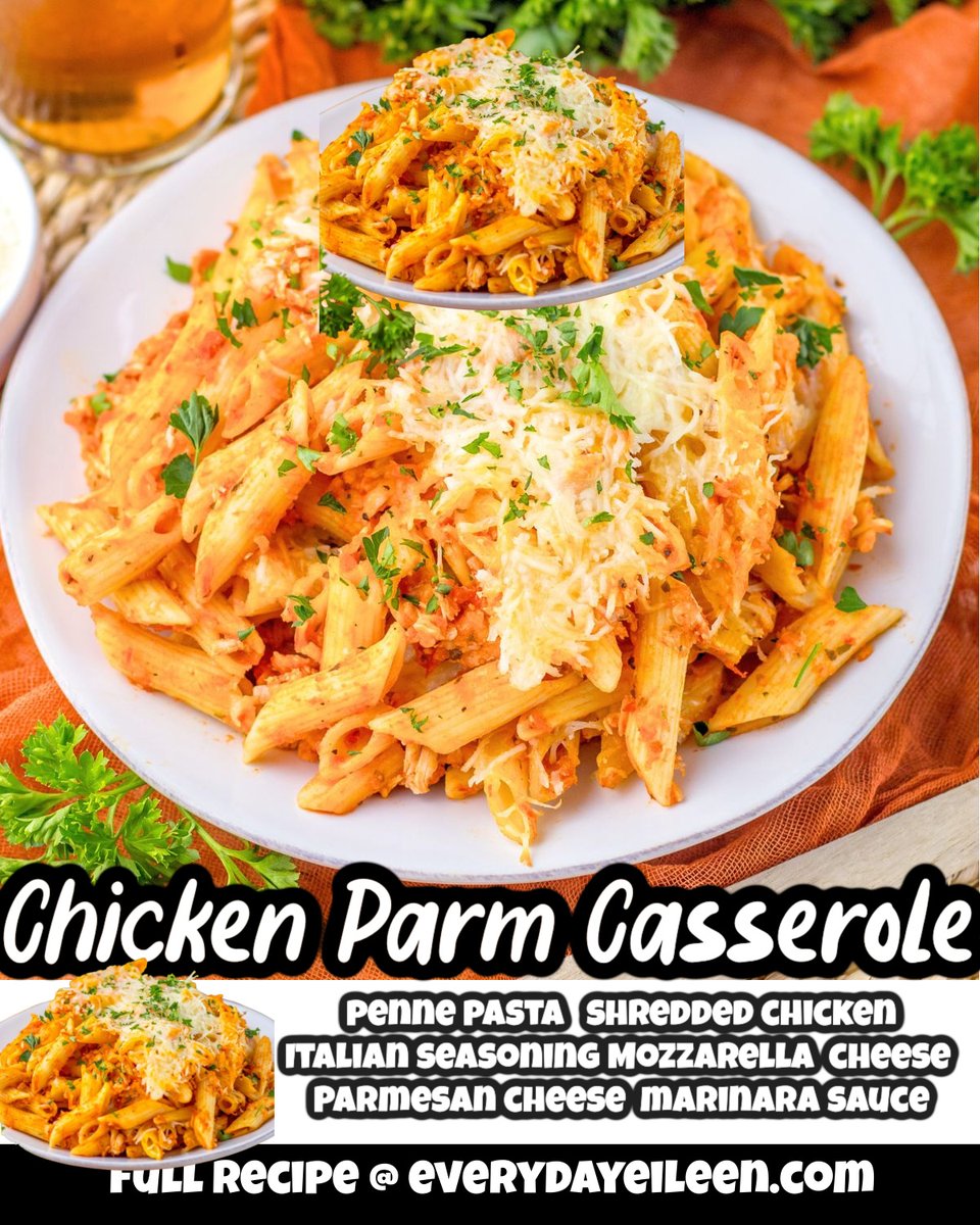Chicken Parm Pasta Casserole is pure comfort food. Easy to prepare and a make-ahead dinner idea with shredded chicken, pasta, marinara sauce, and mozzarella for a quick casserole dinner. A great freezer meal. #recipe #casserole #chickenparmcasserole everydayeileen.com/chicken-parmes…