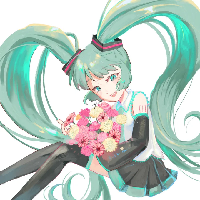 ピアプクロウですホー!今日もピアプロに投稿された作品を紹介していくホー☆ziroさんの、花束を持ったミクさん!髪がハート型になっているのが素敵だホー!(*'▽')【 #piapro #初音ミク