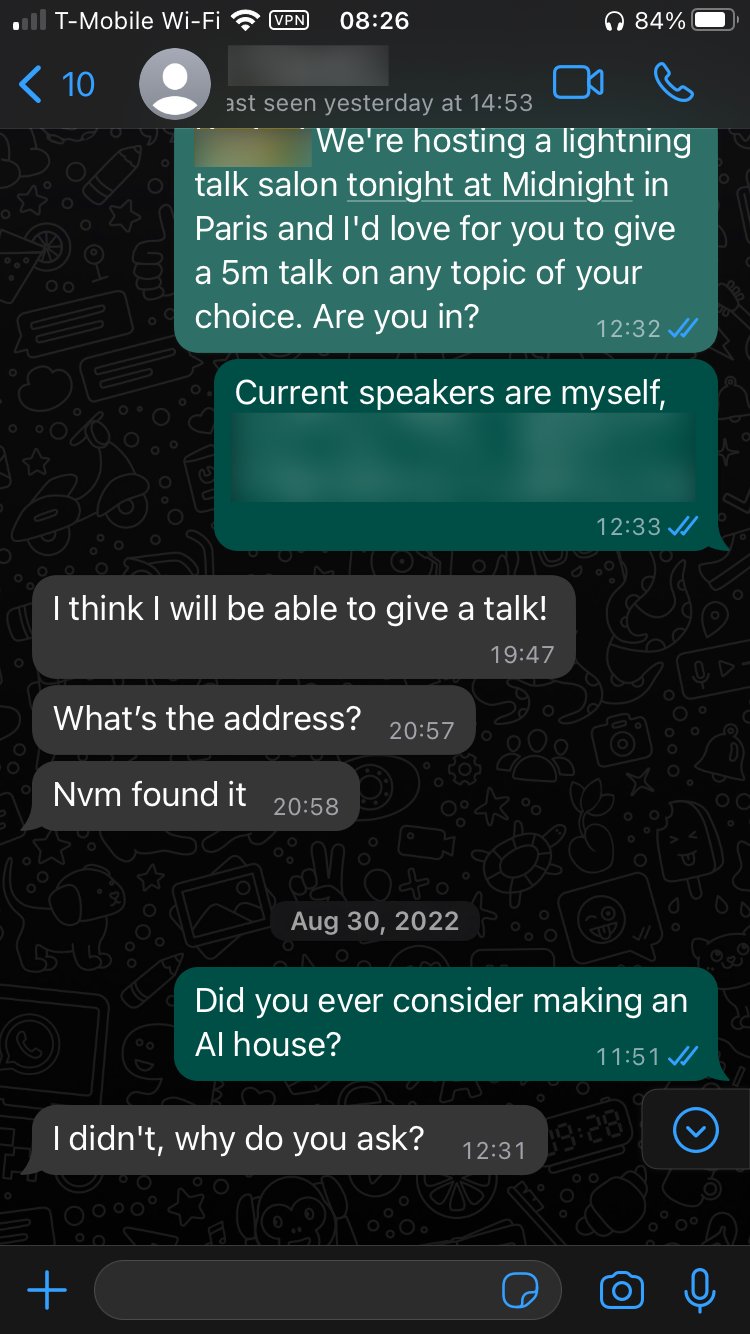 Jeremy Nixon texting about AGI House idea