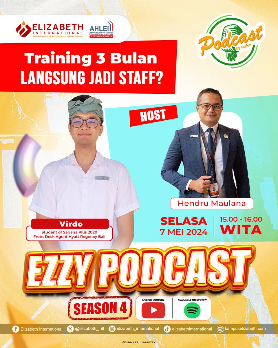 Elizabeth_Intl's tweet photo. 🎙️🎉 Welcome to Ezzy Podcast!! 🎧
Kali ini, belum menjadi alumni, tetapi segera menjadi alumni. Kerennya, belum lulus, tapi Virdo udah kerja loh. Hebat yah!

Training 3 Bulan, Langsung jadi Staf?
📅 : 7 Mei 2024
⏰ : 15.00 - 16.00
📍 : Live Youtube
Speaker: Virdo
Host : Mr Hendru https://t.co/40QE7bZNDd