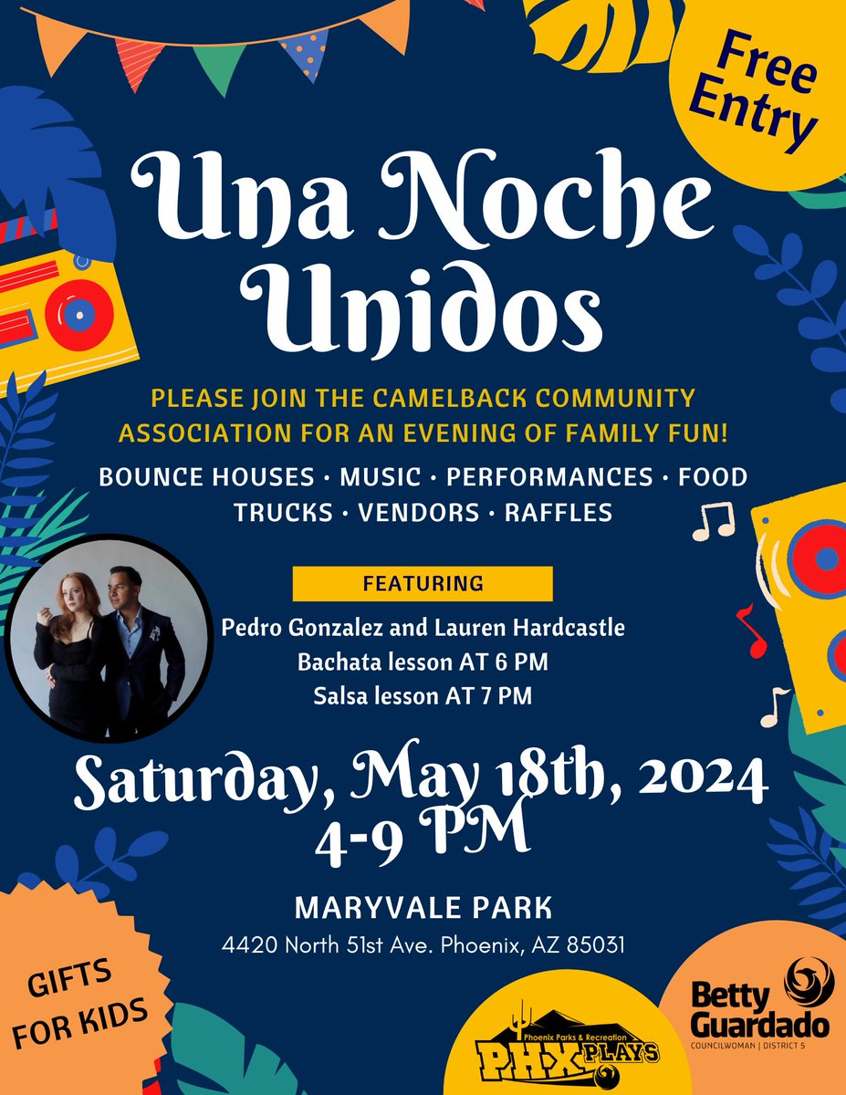 Mark your calendars for our “Una Noche Unidos” event 🗓️! Camelback Community Association invites you to an evening filled with music, food, and community spirit. 💃🏽✨ 🗓️ May 18th, 4PM - 9PM 📍 Maryvale Park, 4420 N 51st Ave. Phoenix, AZ 85031 #unanocheunidos #phxplays