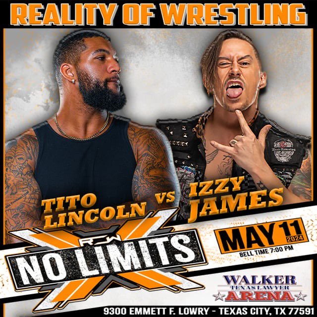 ‼️ TALENT ANNOUNCEMENT ‼️ Making his ROW Debut the 6’5” 265lb #TitoLincoln takes on former TV Champion @IzzyJames_PW at #NoLimits on Saturday, May 11th in Texas City, Tx at the Walker Texas Lawyer Arena! LOCATION: 9300 Emmett F Lowry Expressway Texas City, TX 77591 PICK YOUR…