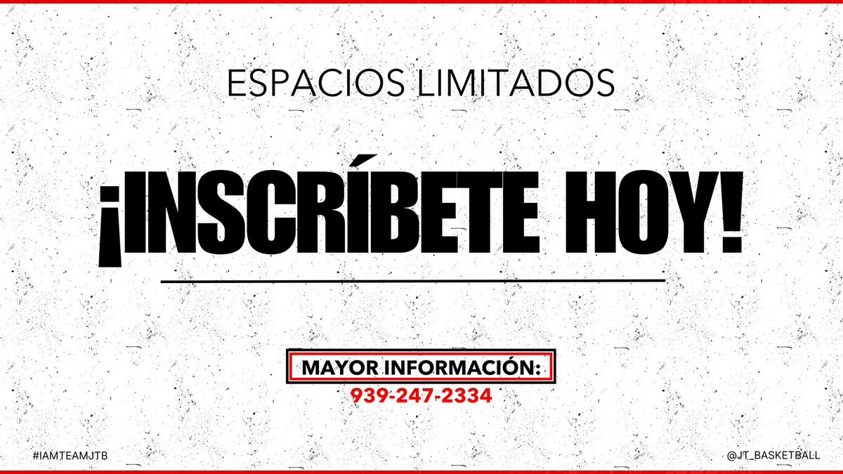 JT_Basketball's tweet photo. ¡INSCRIPCIONES DAN COMIENZO HOY! PARA MAYOR INFORMACIÓN: 939-247-2334 #IAMTEAMJTB 

NO PIERDAS ESTÁ GRAN OPORTUNIDAD Y LLEVA TU JUEGO AL PRÓXIMO NIVEL. ESPACIOS LIMITADOS.

¡VIVE LA EXPERIENCIA JTB! UN NIVEL DISTINTO DE ENTRENAMIENTO DE DESTREZAS Y HABILIDADES. #IAMTEAMJTB https://t.co/bBGIdnZJHA