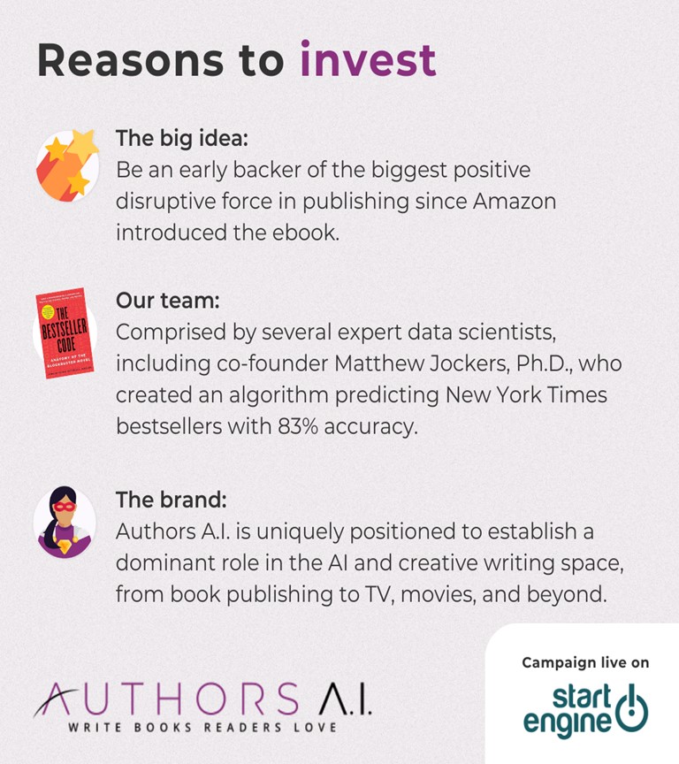 Support the ethical use of AI with authors! 📚

I would like you to consider supporting Authors AI's crowdfunding campaign. This is your chance to own a piece of this innovative tech startup today! 🔥

startengine.com/offering/autho…

#crowdfunding #authors #amwriting #writingcommunity…