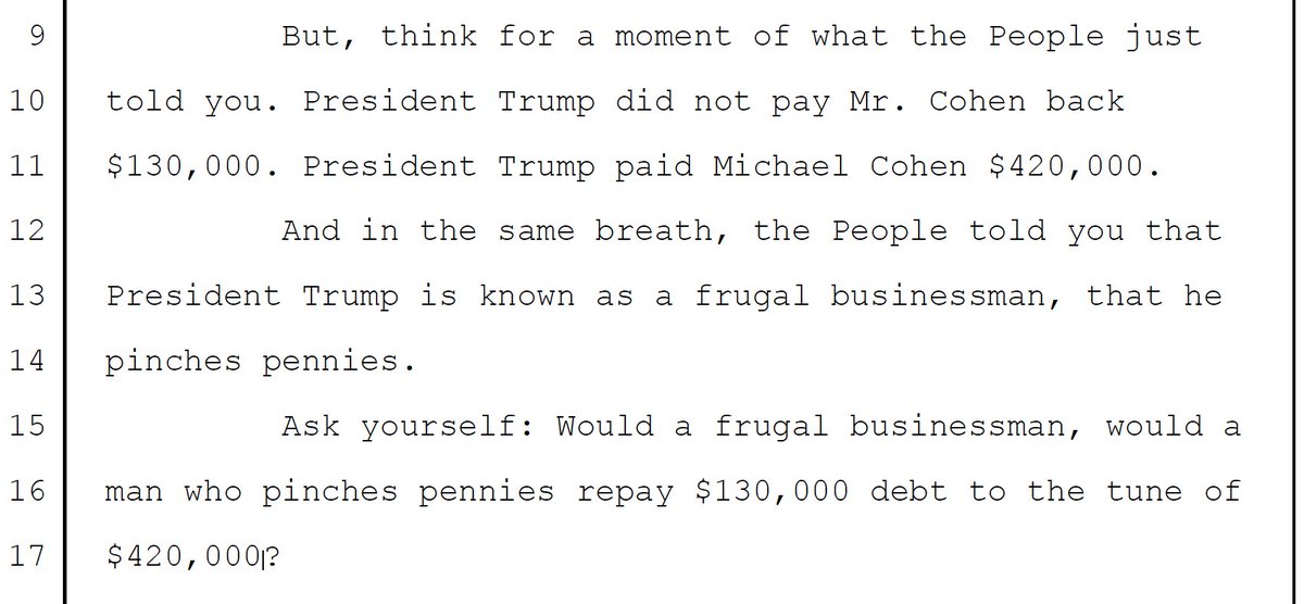 4/ On the left: Trump Controller Jeffrey McConney 's handwritten notes showing how they got from $130K to $420K (including grossing up x 2 'for taxes'). On right: Trump lawyer's Opening Statement telling jurors impossible to see how get from $130K to $420K reimbursement.