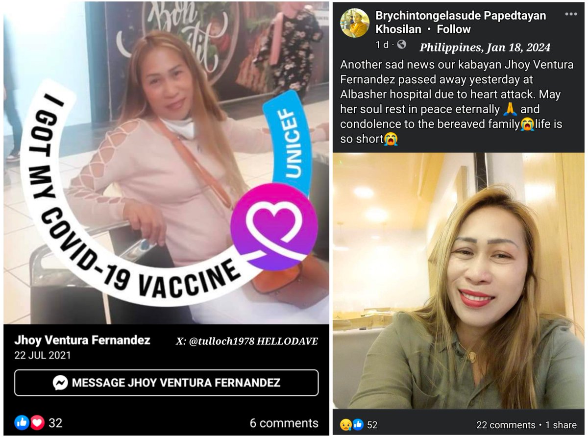 Philippines - Jhoy Ventura Fernandez is a young woman who died from a heart attack on Jan.17, 2024. COVID-19 mRNA Vaccine Induced sudden deaths are at all time highs Philippines has been hit very hard with COVID-19 Vaccine Injuries and sudden deaths Credit: @tulloch1978…