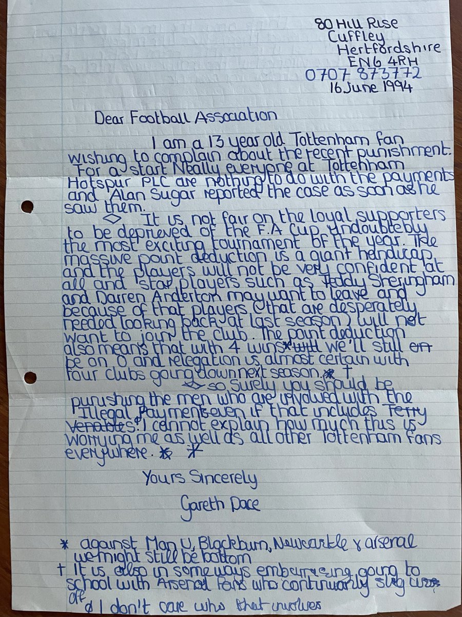 I see so many fans citing a so-called conspiracy against them. In 1994 ,when I was 13, I felt the FA had an agenda against Spurs after our points deduction FA Cup ban and wrote this letter to them 🫣 To find out more about Spurs' punishment 👇90sspursbook.square.site